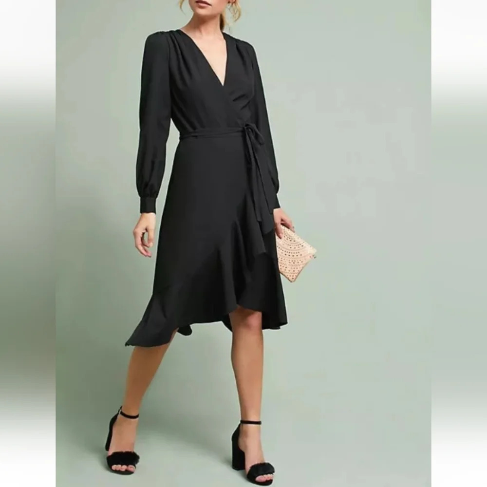 Yumi Kim Casanova Long Sleeve Wrap Dress Black‎ Formal Cocktail Wedding Guest XS